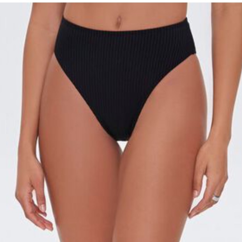 NWT Forever 21 Black Ribbed High-Rise Bikini Bottoms S